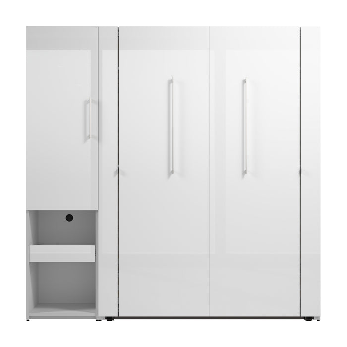 Bestar Avalon High Gloss Full Murphy Bed and Storage Cabinet with Pull-Out Shelf (81W) in High Gloss White