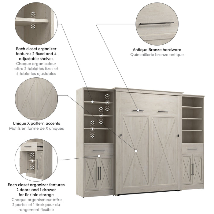 Bestar Key West 111W Full Murphy Bed and Closet Organizers with Doors and Drawers (113W) in Linen White Oak