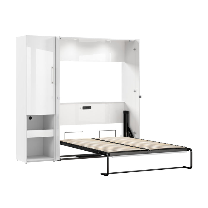 Bestar Avalon High Gloss Full Murphy Bed and Storage Cabinet with Pull-Out Shelf (81W) in High Gloss White