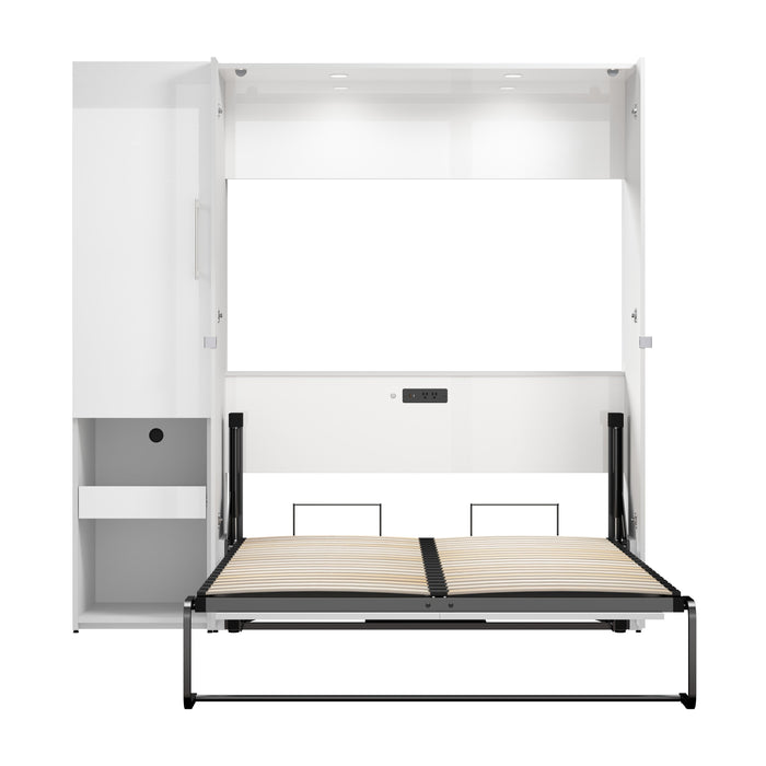 Bestar Avalon High Gloss Full Murphy Bed and Storage Cabinet with Pull-Out Shelf (81W) in High Gloss White