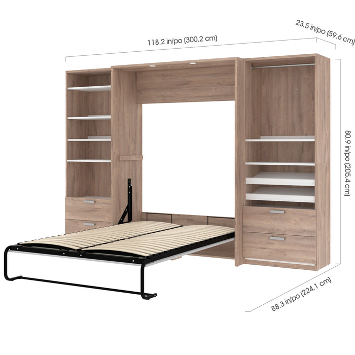 Bestar Cielo Full Murphy Bed with 2 Closet Organizers with Drawers (119W) in Rustic Brown & White