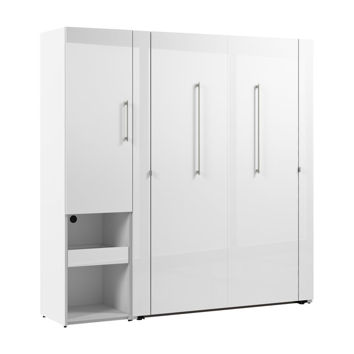 Bestar Avalon High Gloss Full Murphy Bed and Storage Cabinet with Pull-Out Shelf (81W) in High Gloss White