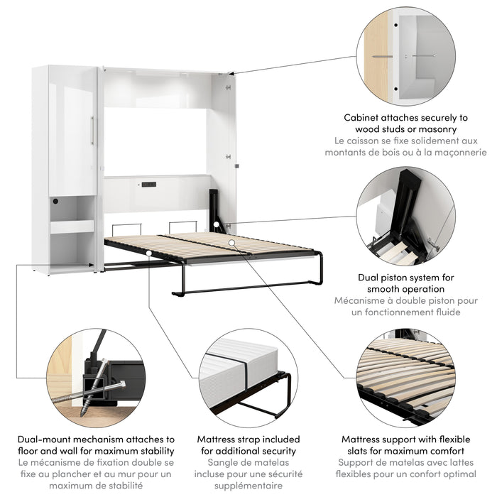 Bestar Avalon High Gloss Full Murphy Bed and Storage Cabinet with Pull-Out Shelf (81W) in High Gloss White