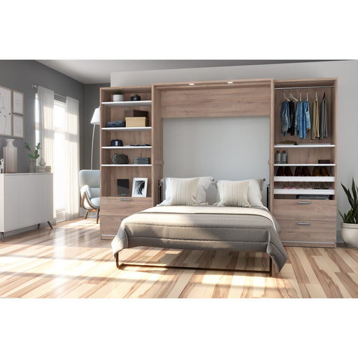Bestar Cielo Full Murphy Bed with 2 Closet Organizers with Drawers (119W) in Rustic Brown & White
