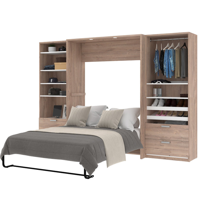 Bestar Cielo Full Murphy Bed with 2 Closet Organizers with Drawers (119W) in Rustic Brown & White