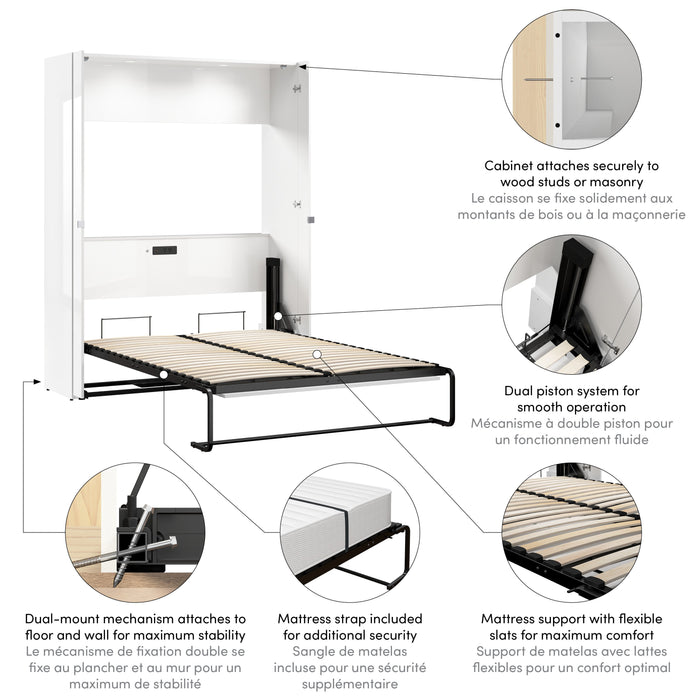 Bestar Avalon 61W High Gloss Full Murphy Bed in High Gloss White