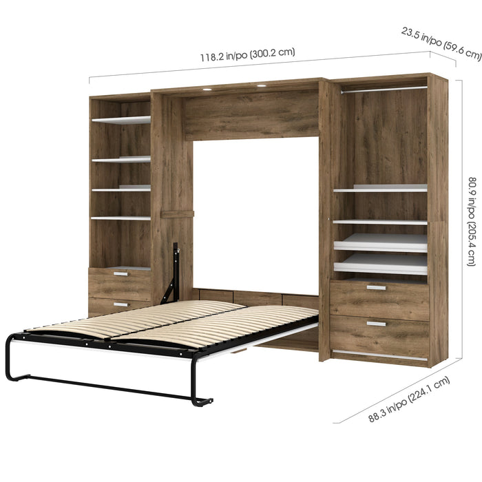 Bestar Cielo Full Murphy Bed with 2 Closet Organizers with Drawers (119W) in Rustic Brown & White