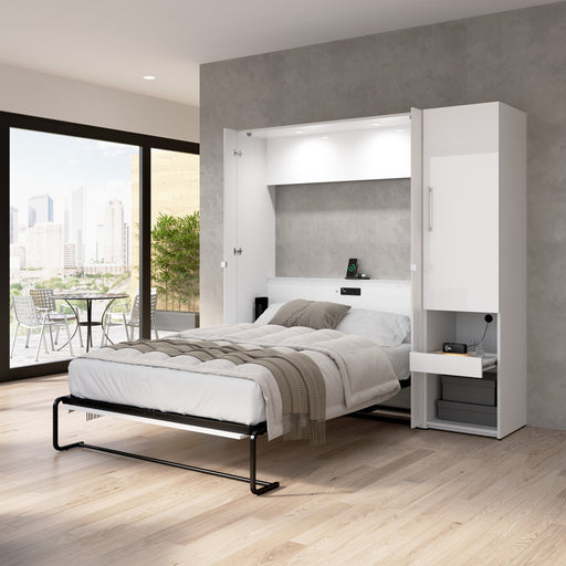 Bestar Avalon High Gloss Full Murphy Bed and Storage Cabinet with Pull-Out Shelf (81W) in High Gloss White