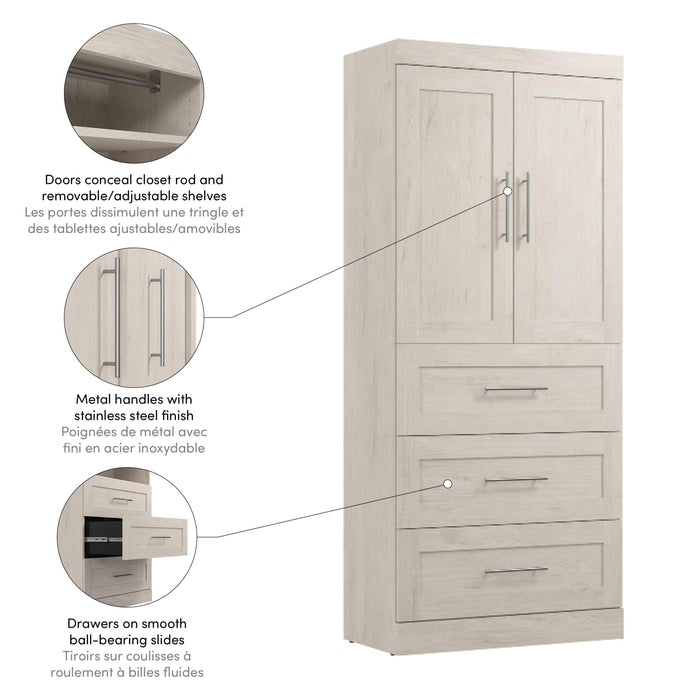 Bestar Armoire Pur 36W Wardrobe with 3 Drawers - Available in 5 Colors