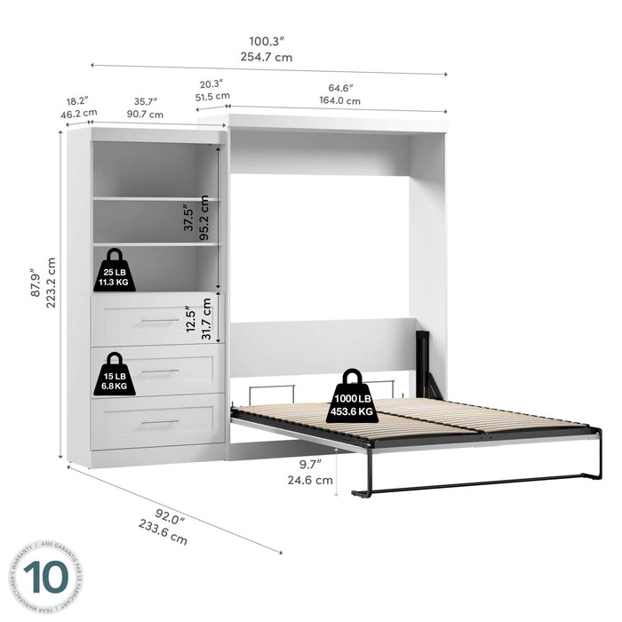 Bestar Murphy Wall Bed Pur 101" Queen Size Murphy Wall Bed with Storage Unit - Available in 3 Colors