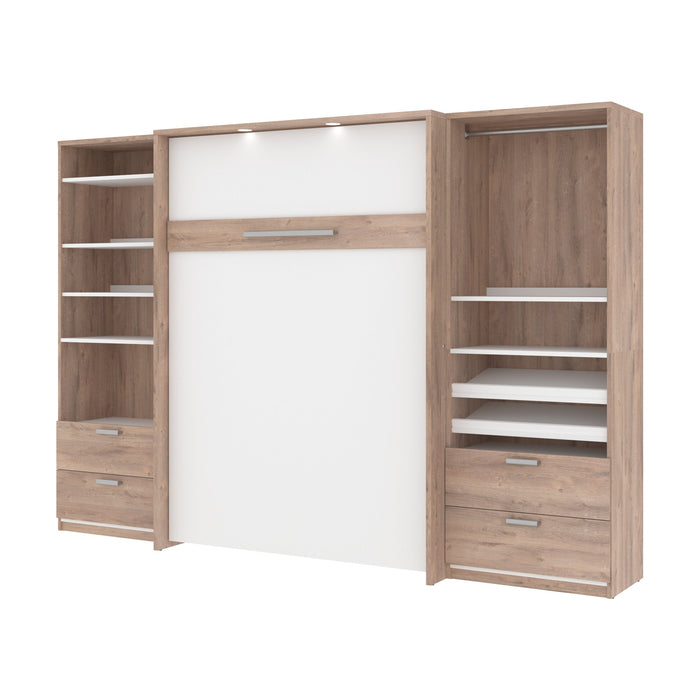 Bestar Cielo Full Murphy Bed with 2 Closet Organizers with Drawers (119W) in Rustic Brown & White