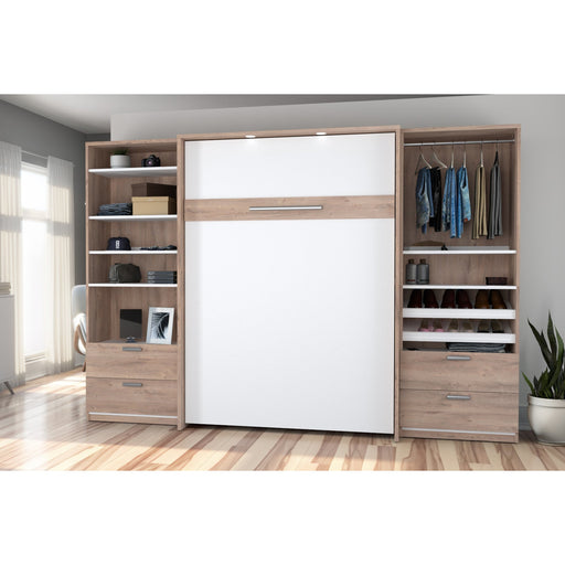 Bestar Cielo Full Murphy Bed with 2 Closet Organizers with Drawers (119W) in Rustic Brown & White