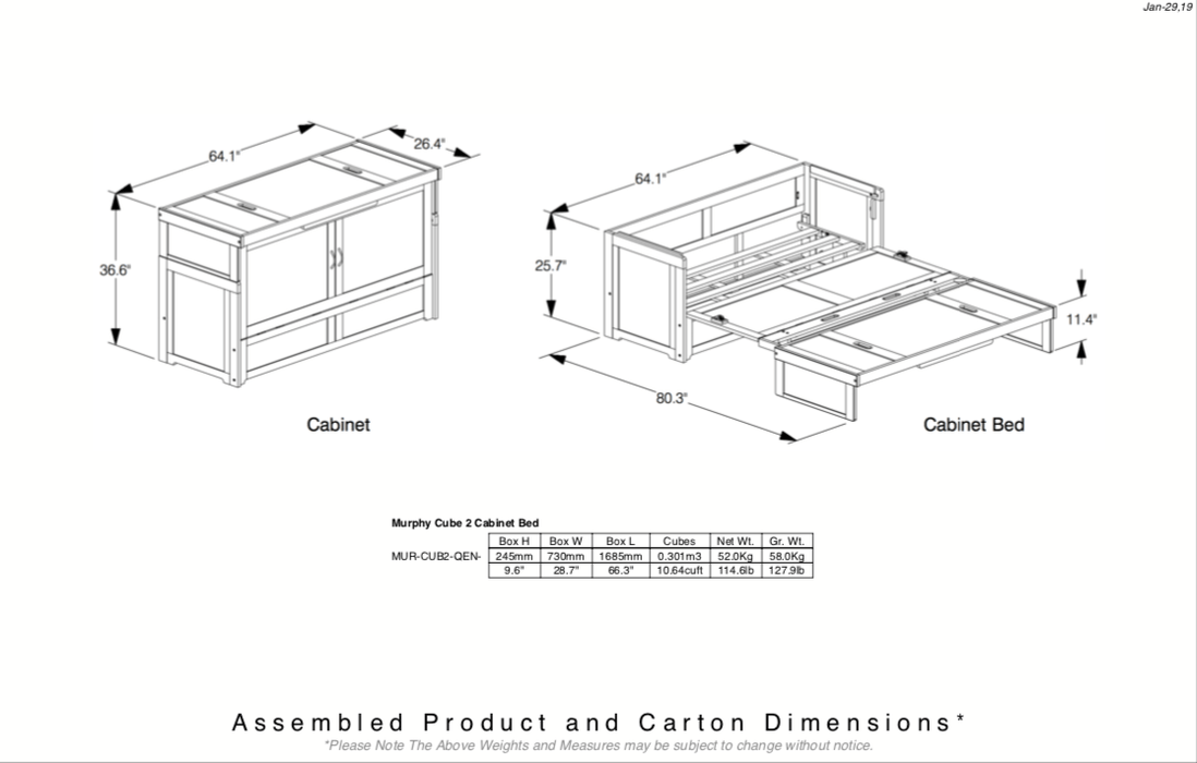 Night and Day Murphy Bed Murphy Cube Cabinet Bed Only - No Mattress - Available in 4 Colours